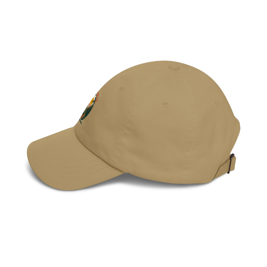 Forest Trail dad cap in khaki, side view of curved brim