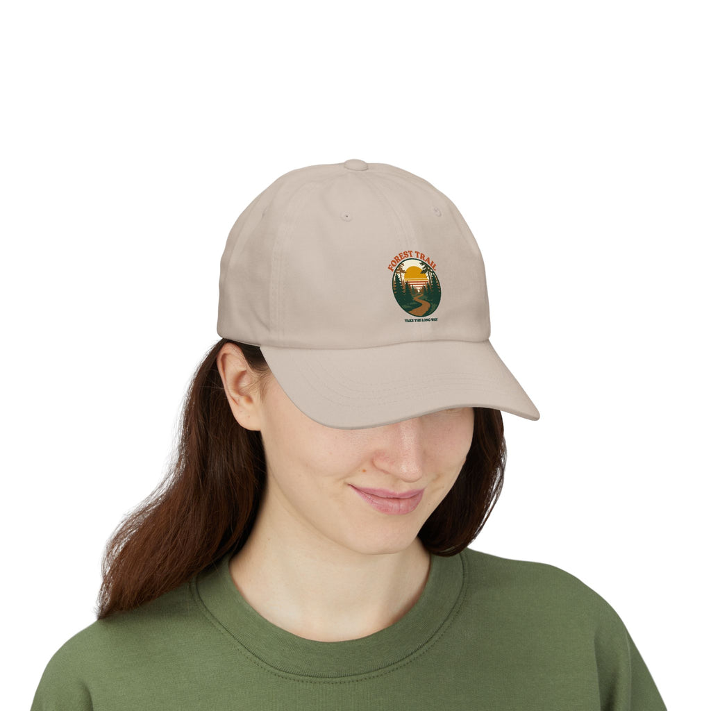 Woman wearing the Forest Trail dad cap in stone