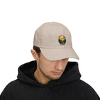 Man in a black hoodie wearing the Forest Trail dad cap in stone