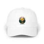 Forest Trail dad cap in white, front view with retro forest sunset badge