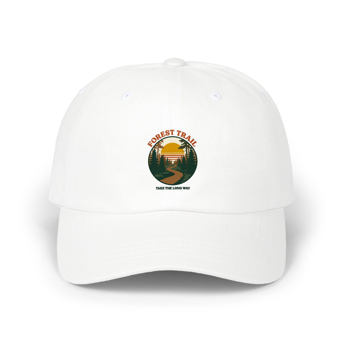 Forest Trail dad cap in white, front view with retro forest sunset badge