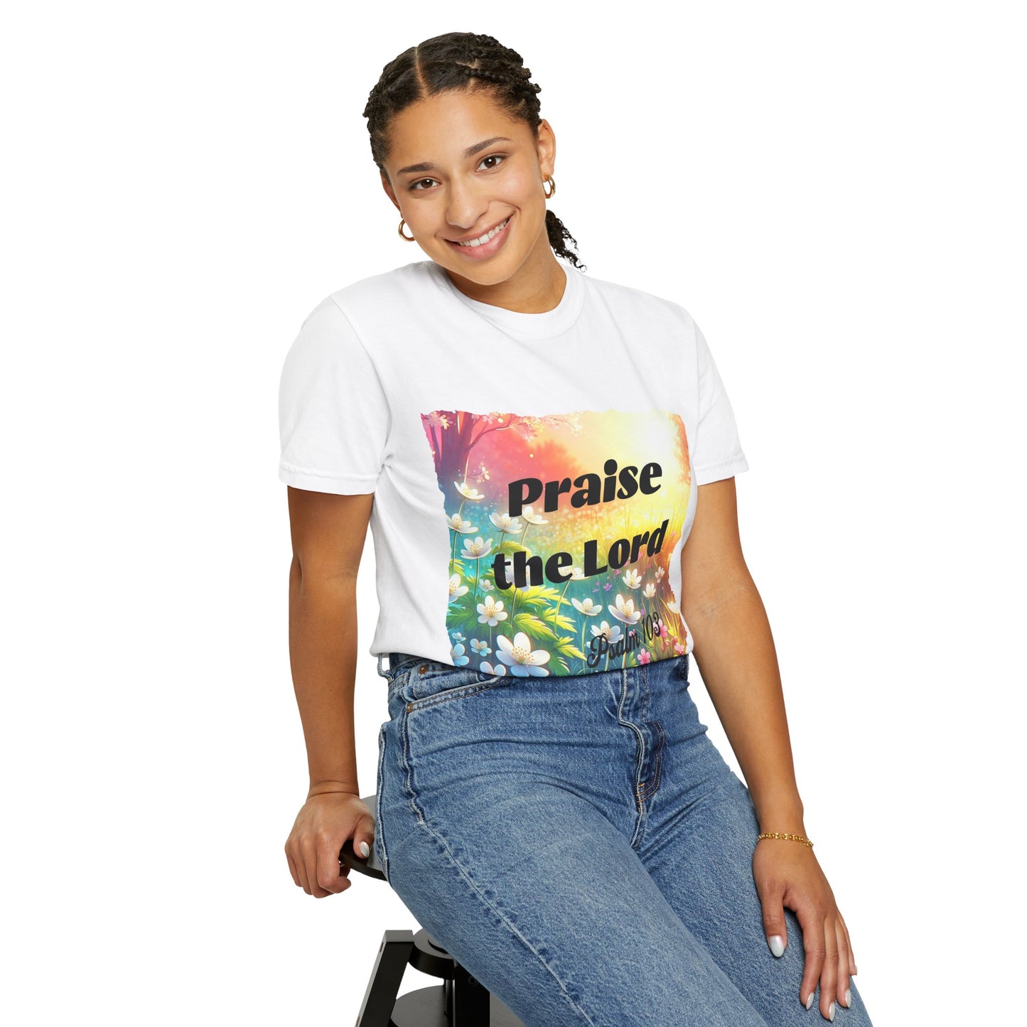 Christian T-shirt Praise the Lord - Psalm 103 Field of Spring flowers