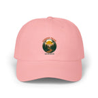 Forest Trail dad cap in pink, front view with retro forest sunset badge