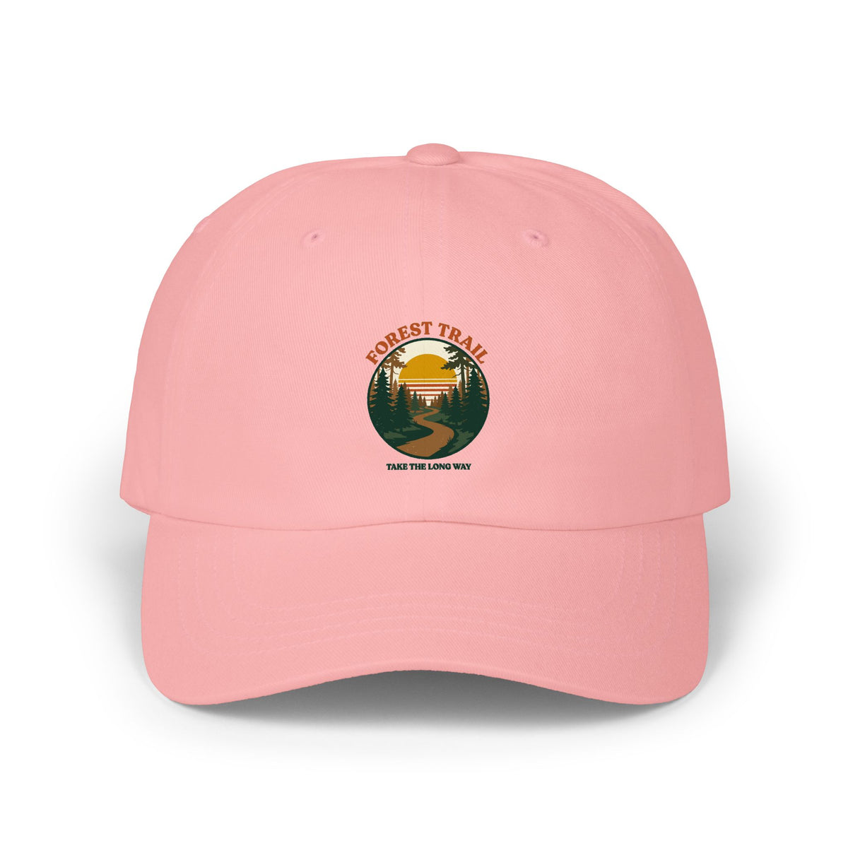 Forest Trail dad cap in pink, front view with retro forest sunset badge