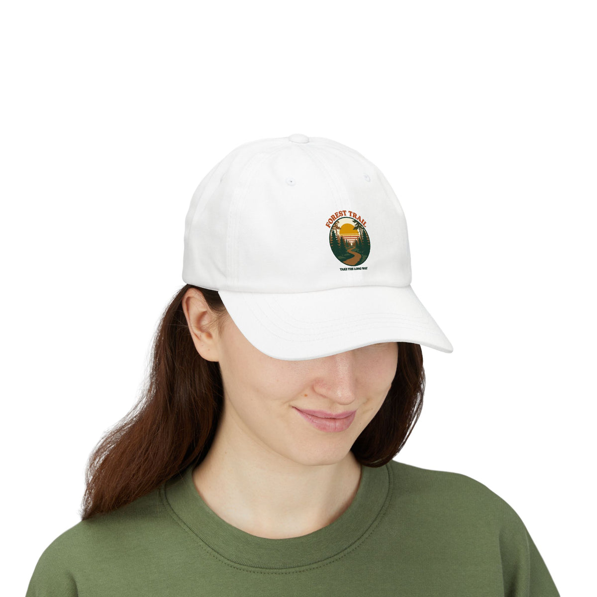 Woman wearing the Forest Trail dad cap in white