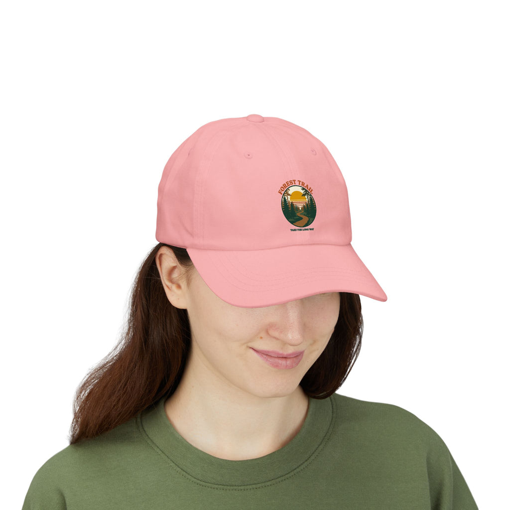Woman wearing the Forest Trail dad cap in pink