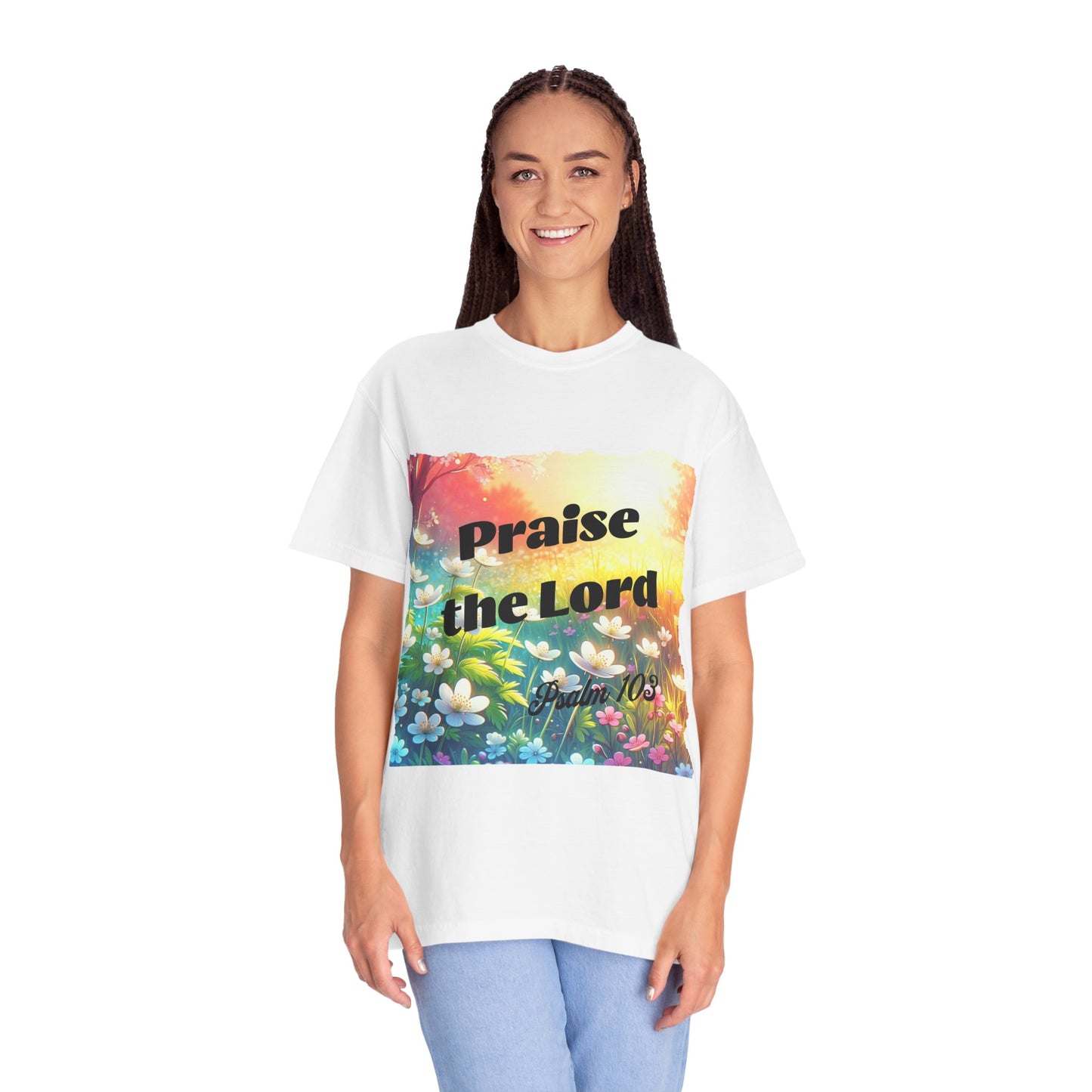 Christian T-shirt Praise the Lord - Psalm 103 Field of Spring flowers
