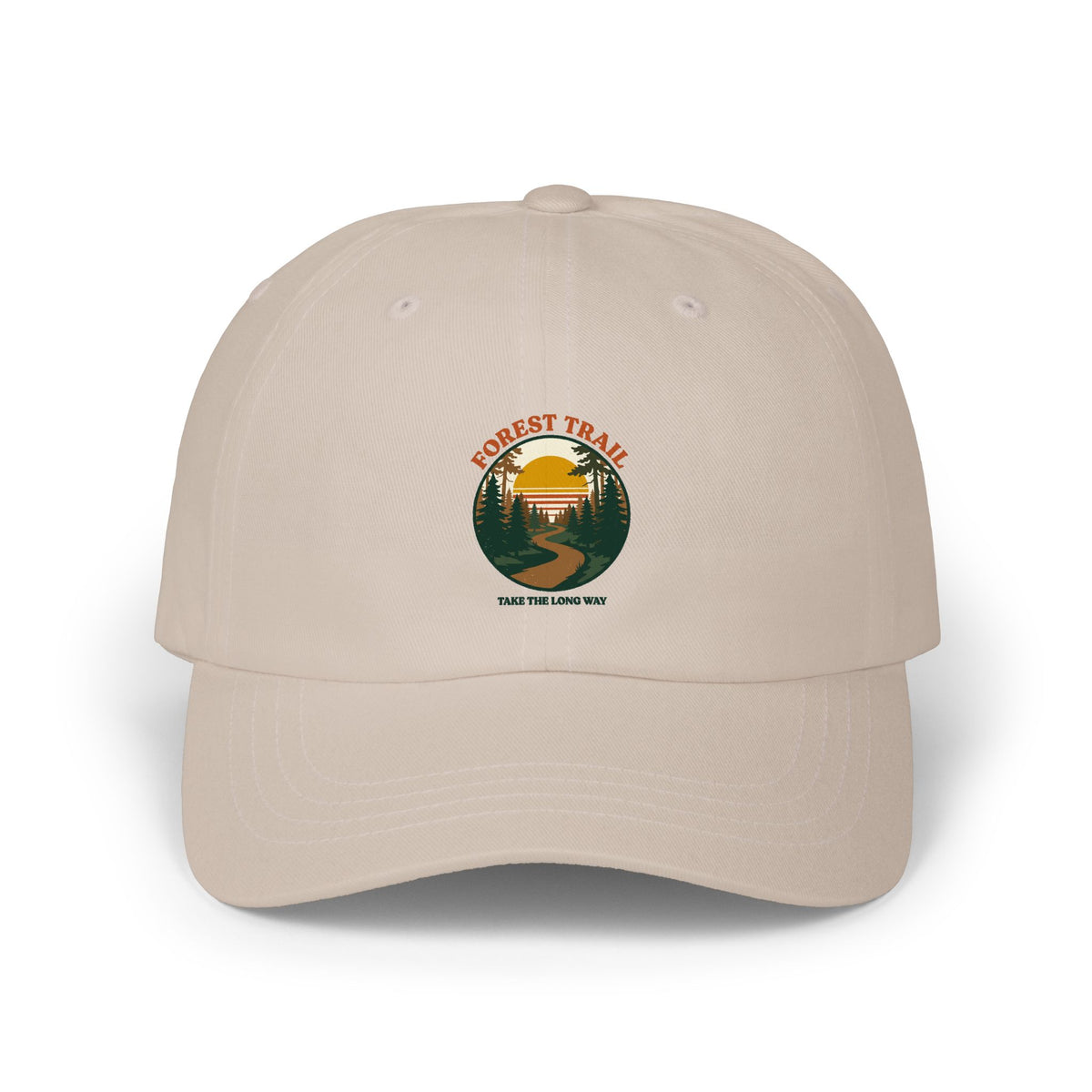 Forest Trail dad cap in stone, front view with retro forest sunset badge