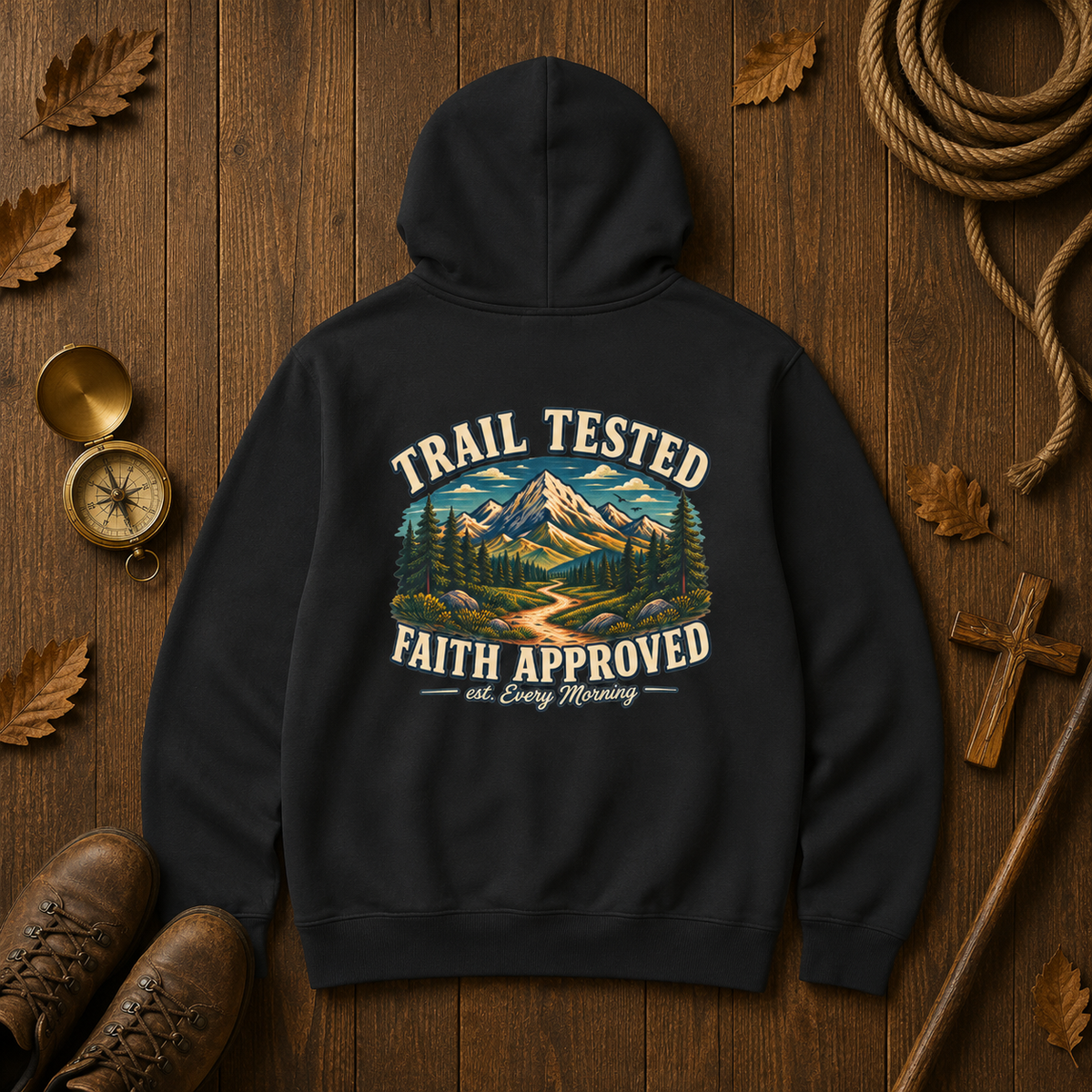 Trail Tested Hoodie — 'Trail Tested Faith Approved' Mountain Adventure Sweatshirt