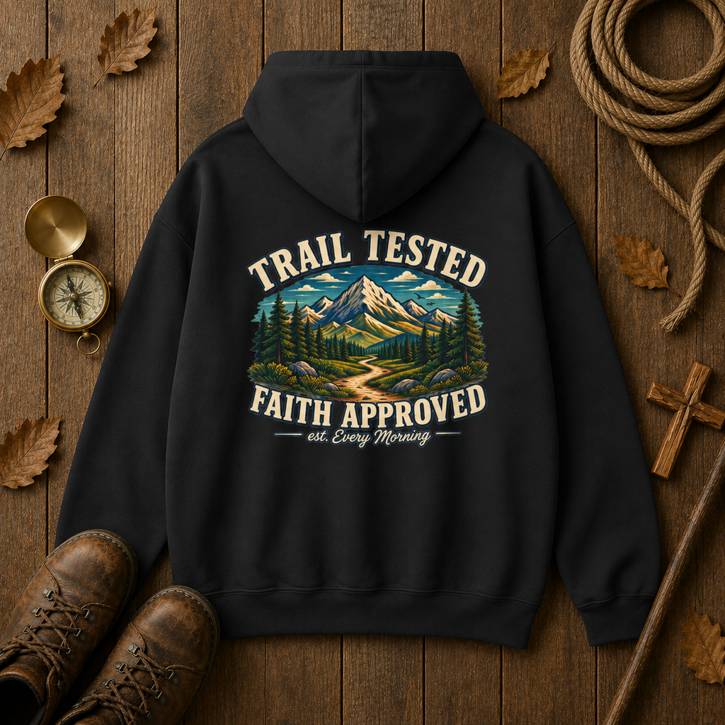 Trail Tested Hoodie — 'Trail Tested Faith Approved' Mountain Adventure Sweatshirt