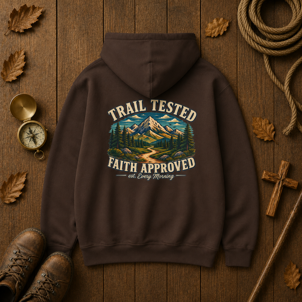 Trail Tested Hoodie — 'Trail Tested Faith Approved' Mountain Adventure Sweatshirt
