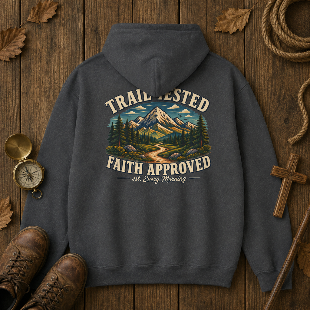 Trail Tested Hoodie — 'Trail Tested Faith Approved' Mountain Adventure Sweatshirt