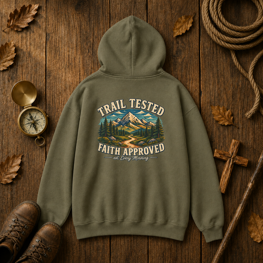 Trail Tested Hoodie — 'Trail Tested Faith Approved' Mountain Adventure Sweatshirt