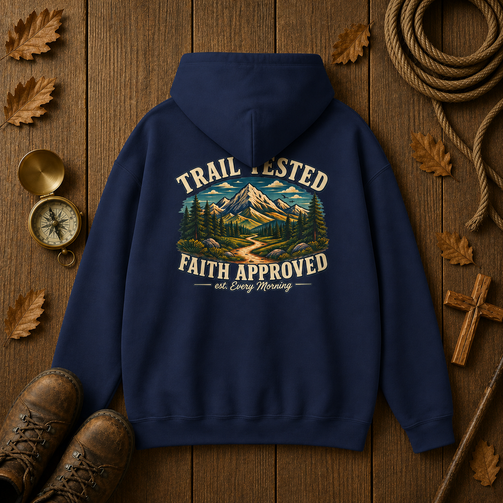 Trail Tested Hoodie — 'Trail Tested Faith Approved' Mountain Adventure Sweatshirt