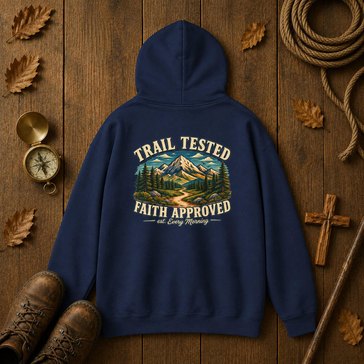 Trail Tested Hoodie — 'Trail Tested Faith Approved' Mountain Adventure Sweatshirt