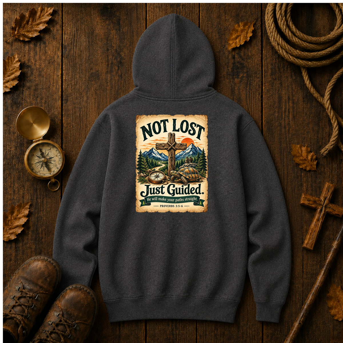 Not Lost, Just Guided Proverbs 3:5-6 hoodie with chest patch and mountain-and-cross back print