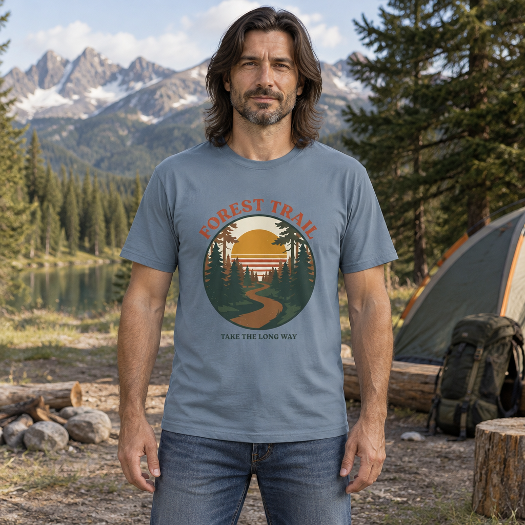 Retro Forest Trail t-shirt with a winding woodland path under a 70s sunset