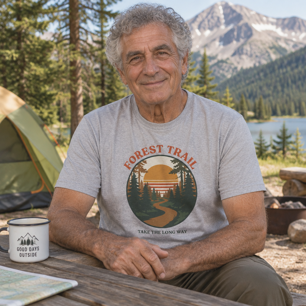Retro Forest Trail T-Shirt – Vintage 70s Sunset Hiking Tee, Unisex