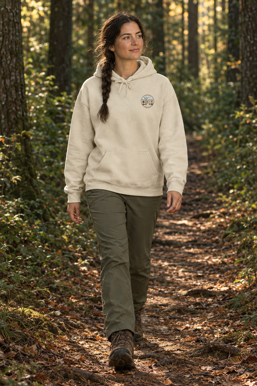 The Long Way hoodie with Micah 6:8 desert trail back print and small front badge