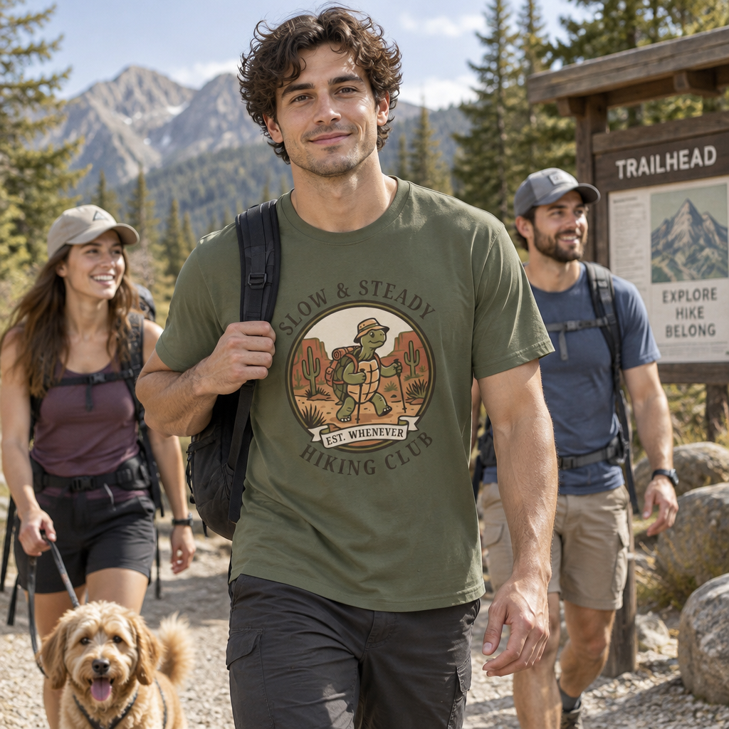 Slow & Steady Hiking Club t-shirt with a retro desert tortoise hiker emblem