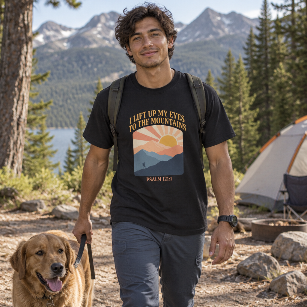 Retro Sunrise I Lift Up My Eyes to the Mountains Psalm 121:1 t-shirt with hiker below layered mountains