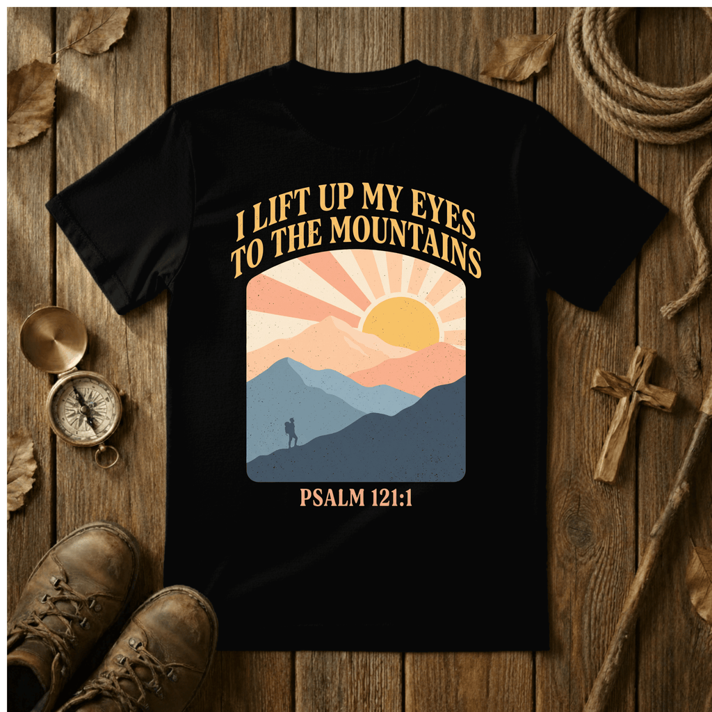 Retro Sunrise – I Lift Up My Eyes to the Mountains Tee – Psalm 121:1 Christian Hiking Shirt