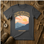 Retro Sunrise – I Lift Up My Eyes to the Mountains Tee – Psalm 121:1 Christian Hiking Shirt