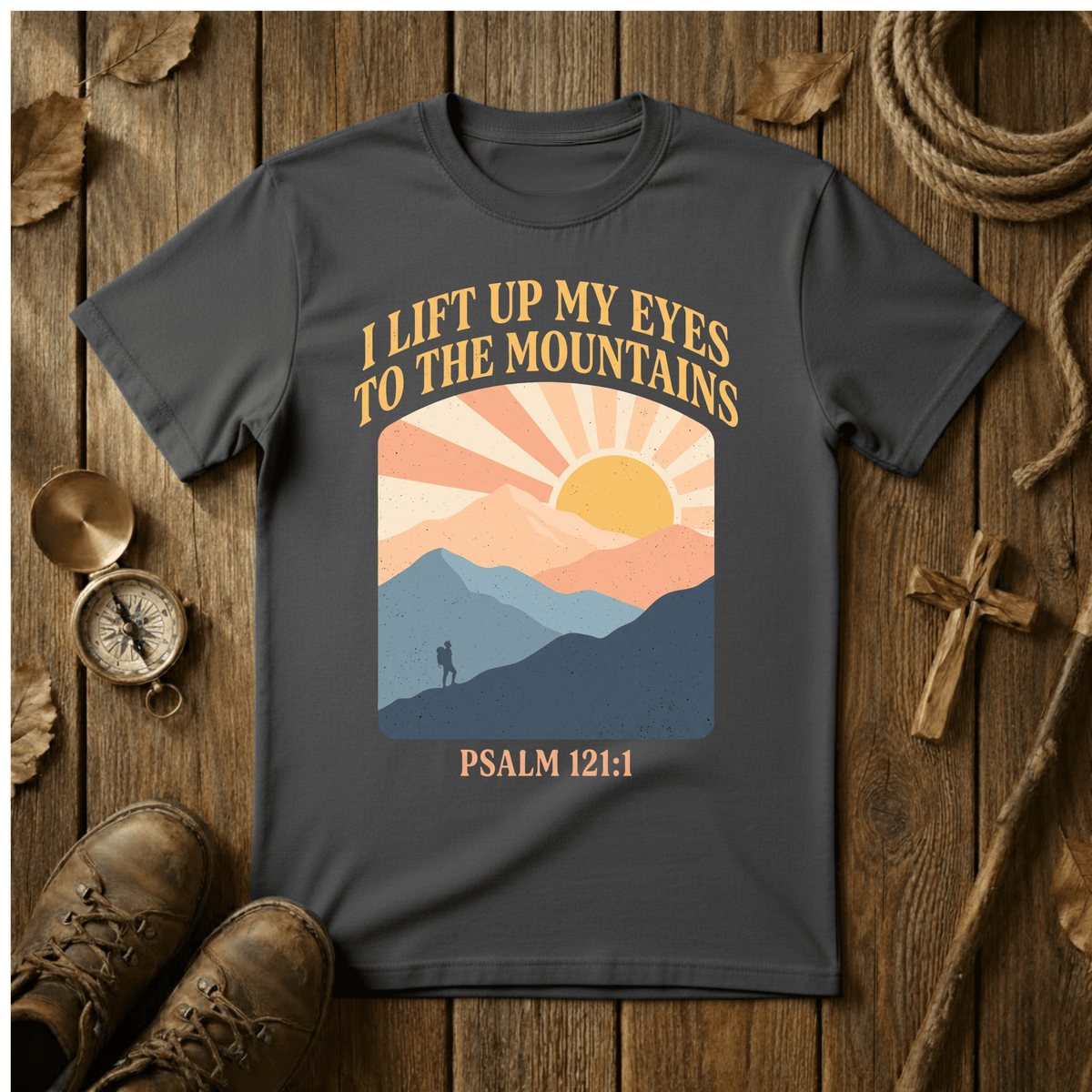 Retro Sunrise – I Lift Up My Eyes to the Mountains Tee – Psalm 121:1 Christian Hiking Shirt