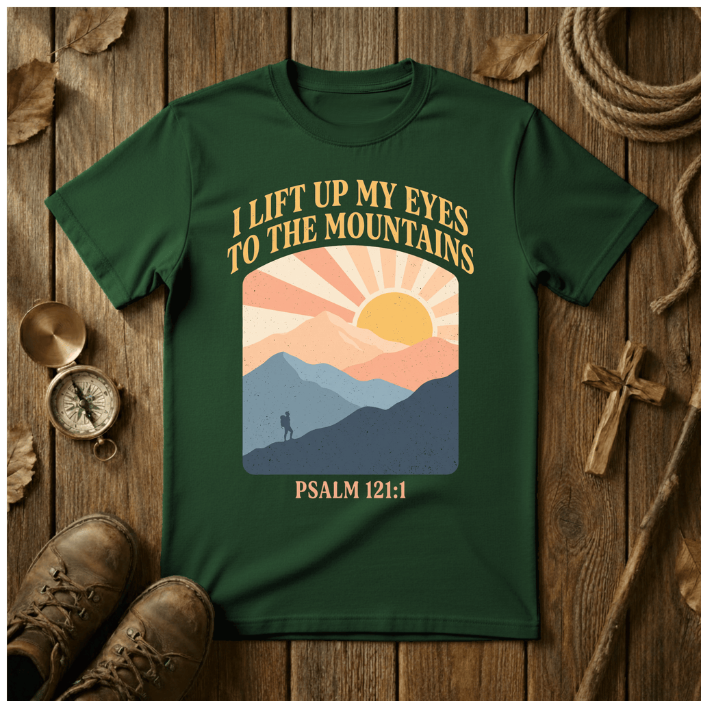 Retro Sunrise – I Lift Up My Eyes to the Mountains Tee – Psalm 121:1 Christian Hiking Shirt