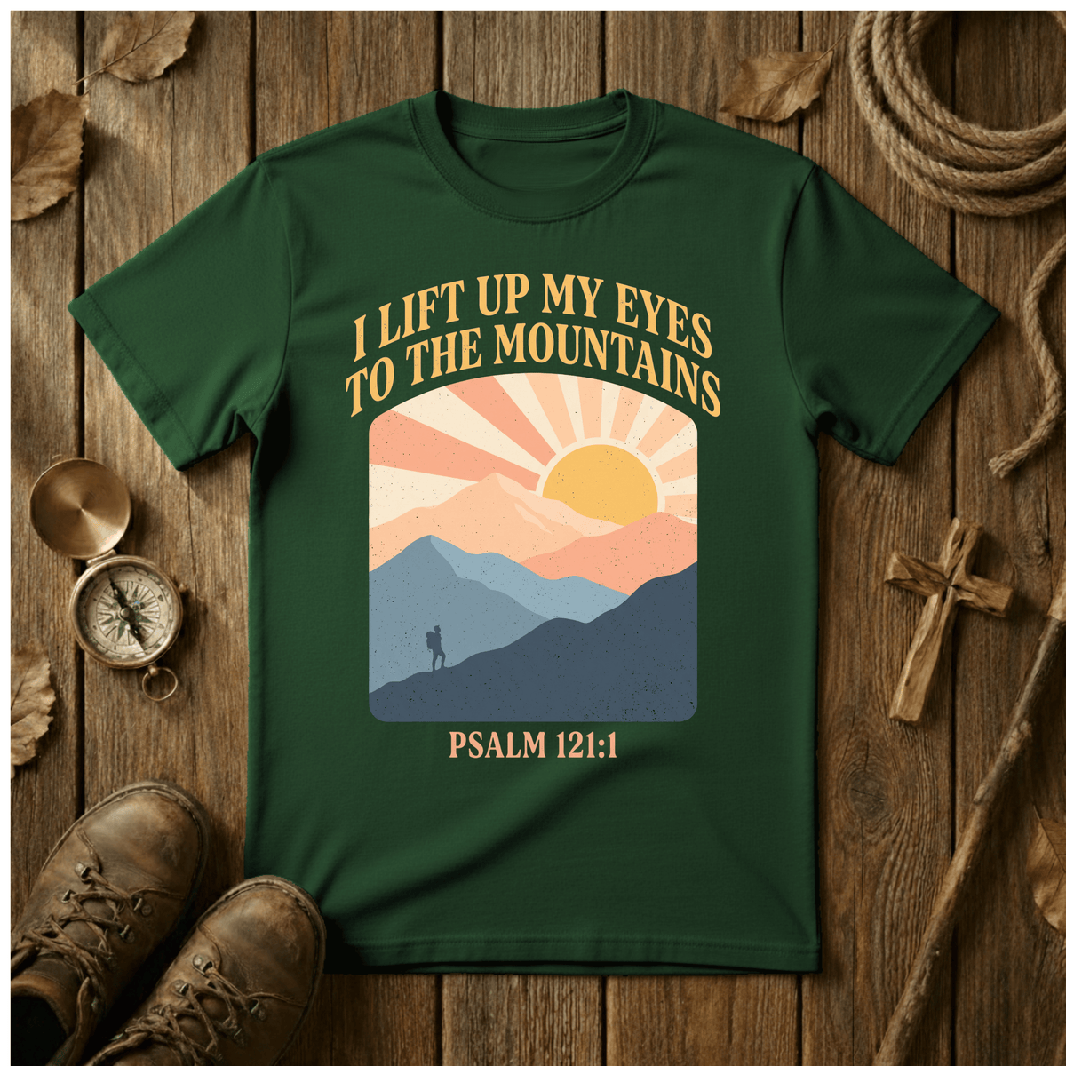 Retro Sunrise – I Lift Up My Eyes to the Mountains Tee – Psalm 121:1 Christian Hiking Shirt