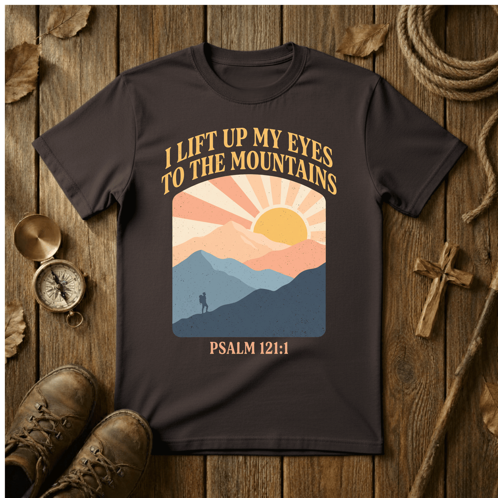 Retro Sunrise – I Lift Up My Eyes to the Mountains Tee – Psalm 121:1 Christian Hiking Shirt