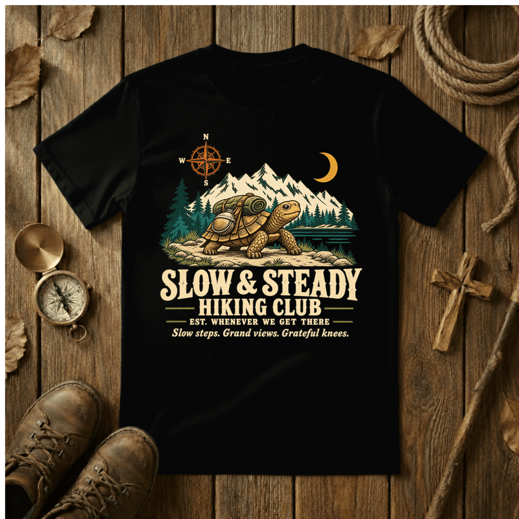 Slow & Steady Hiking Club T-Shirt | Funny Tortoise Hiking Tee for Retirees