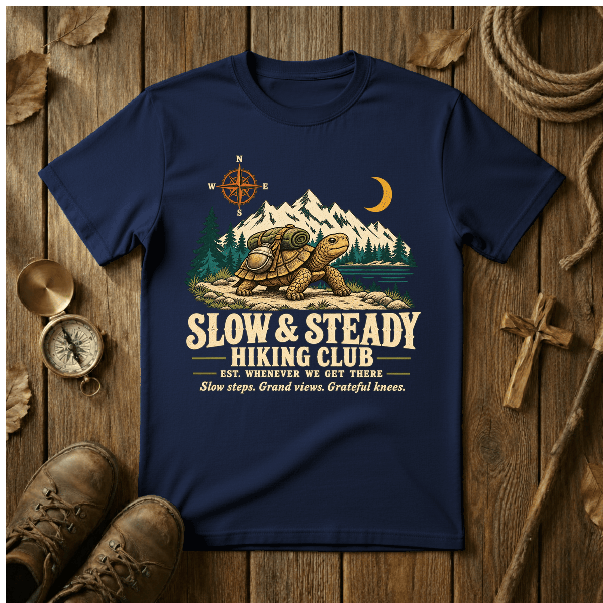 Slow & Steady Hiking Club T-Shirt | Funny Tortoise Hiking Tee for Retirees