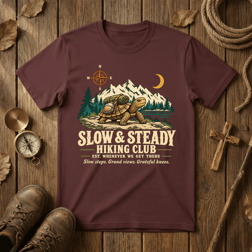 Slow & Steady Hiking Club T-Shirt | Funny Tortoise Hiking Tee for Retirees