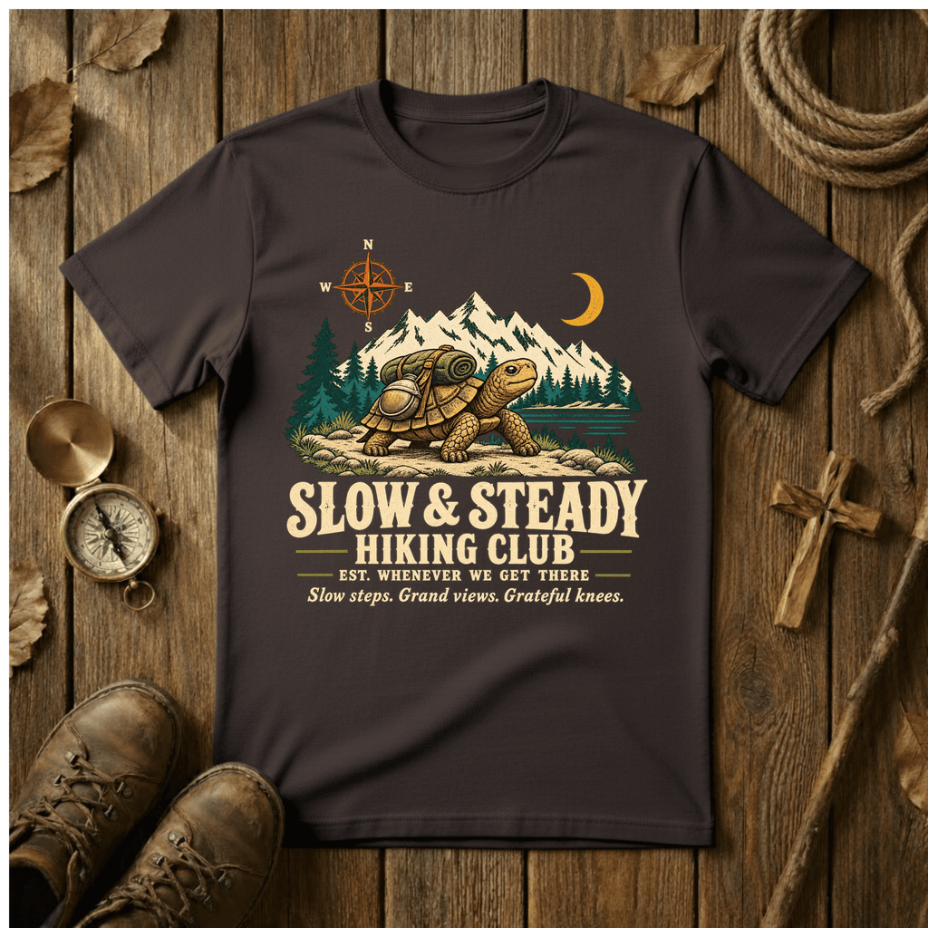 Slow & Steady Hiking Club T-Shirt | Funny Tortoise Hiking Tee for Retirees