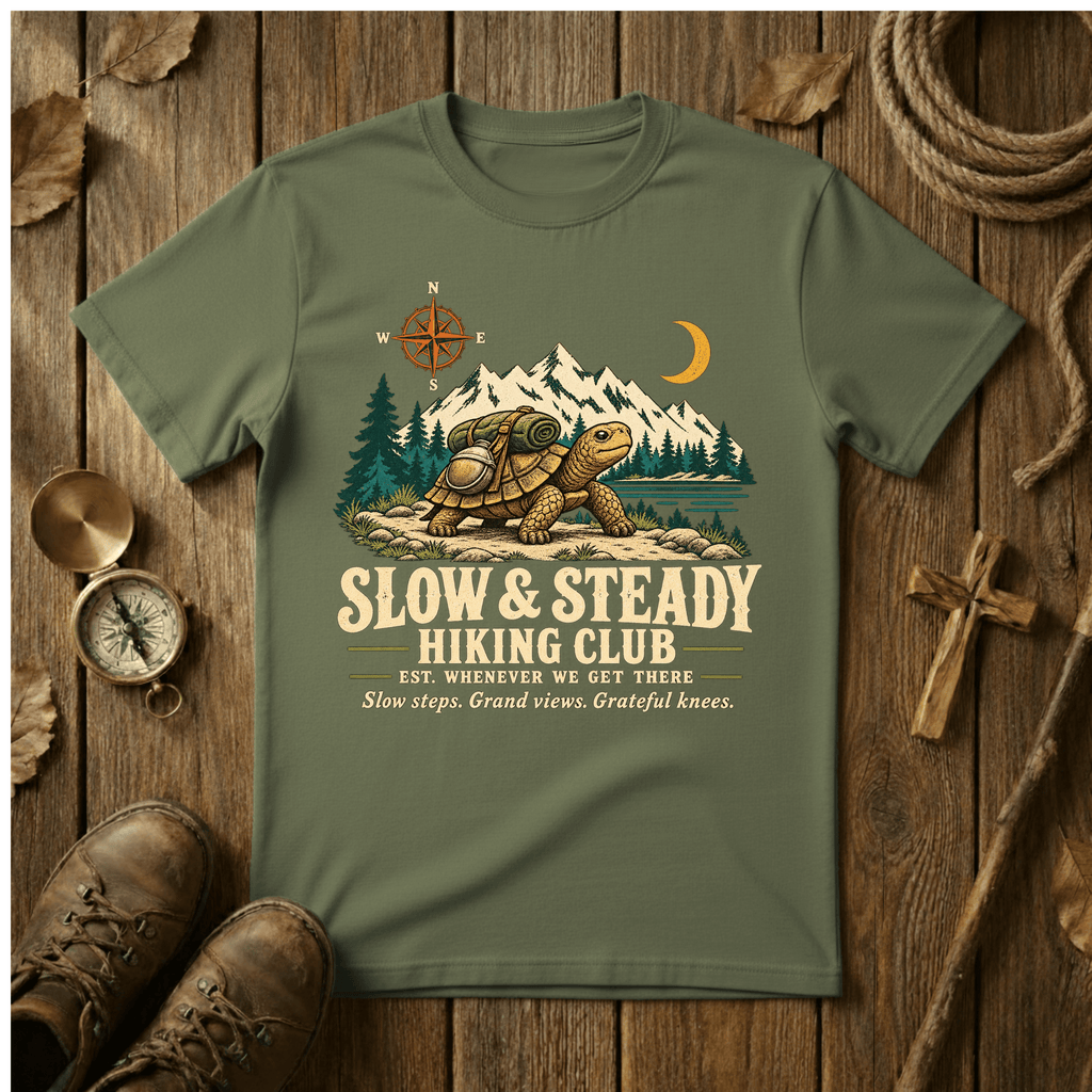 Slow & Steady Hiking Club T-Shirt | Funny Tortoise Hiking Tee for Retirees
