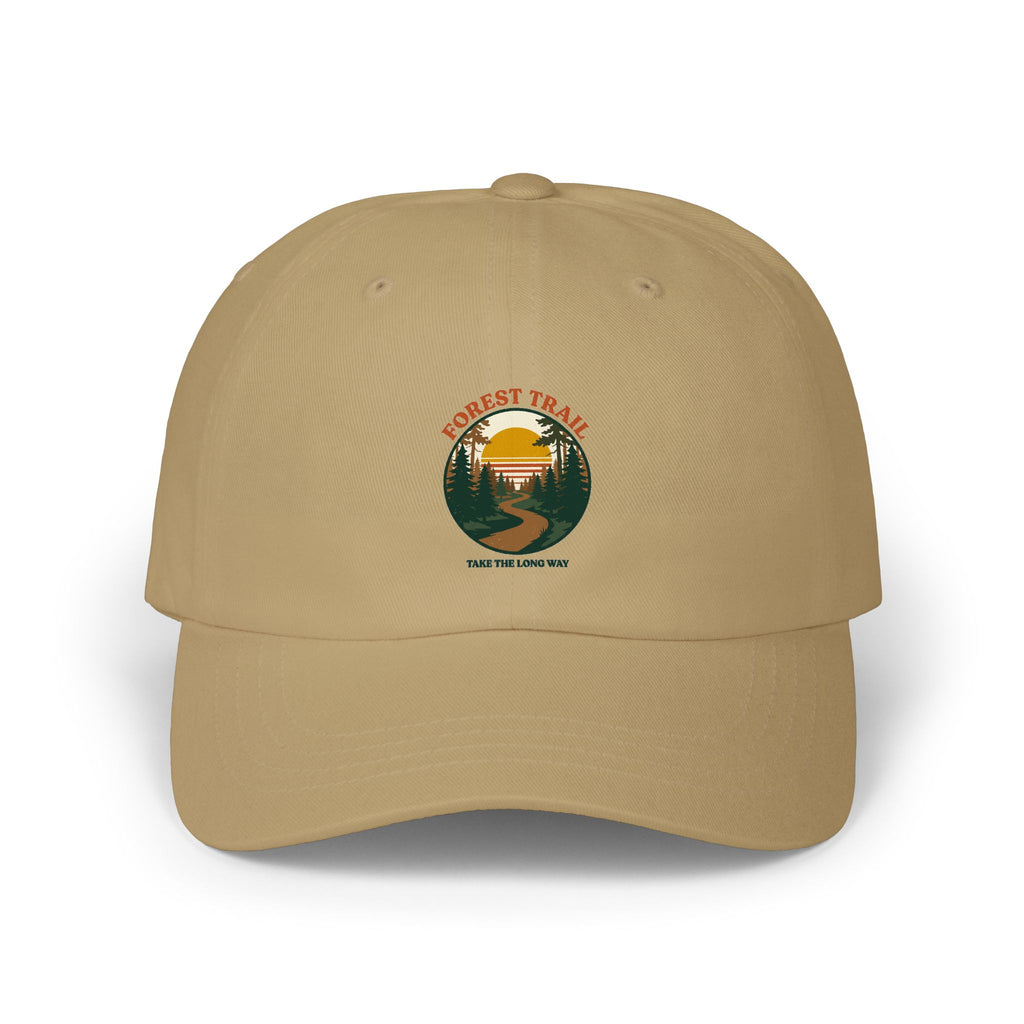Forest Trail dad cap in khaki, front view with retro forest sunset badge