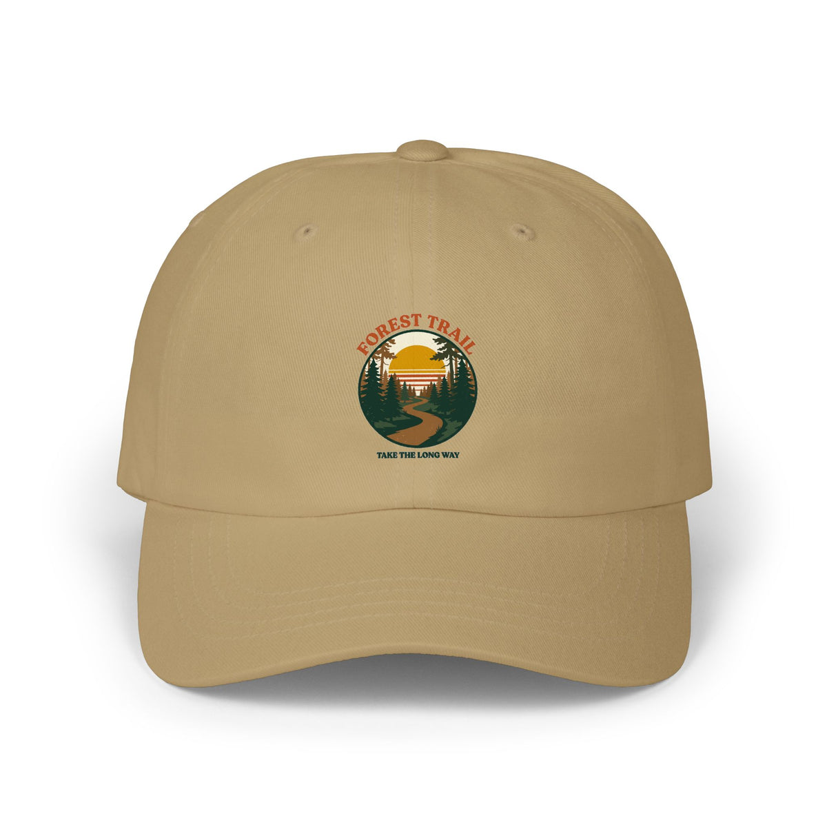 Forest Trail dad cap in khaki, front view with retro forest sunset badge