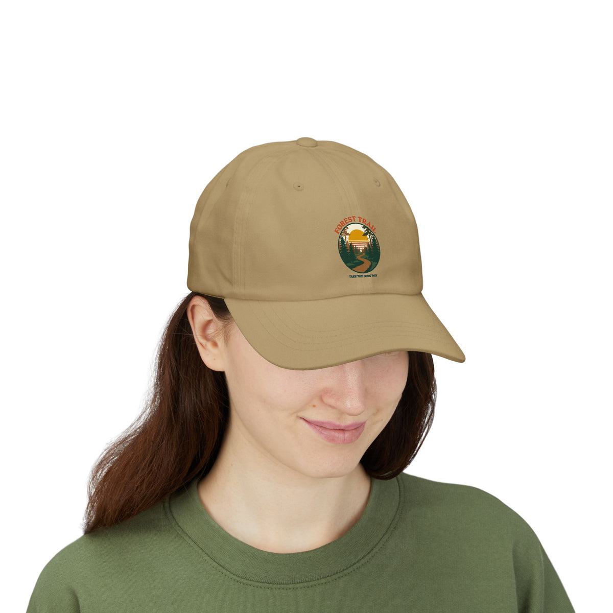 Woman wearing the Forest Trail dad cap in khaki
