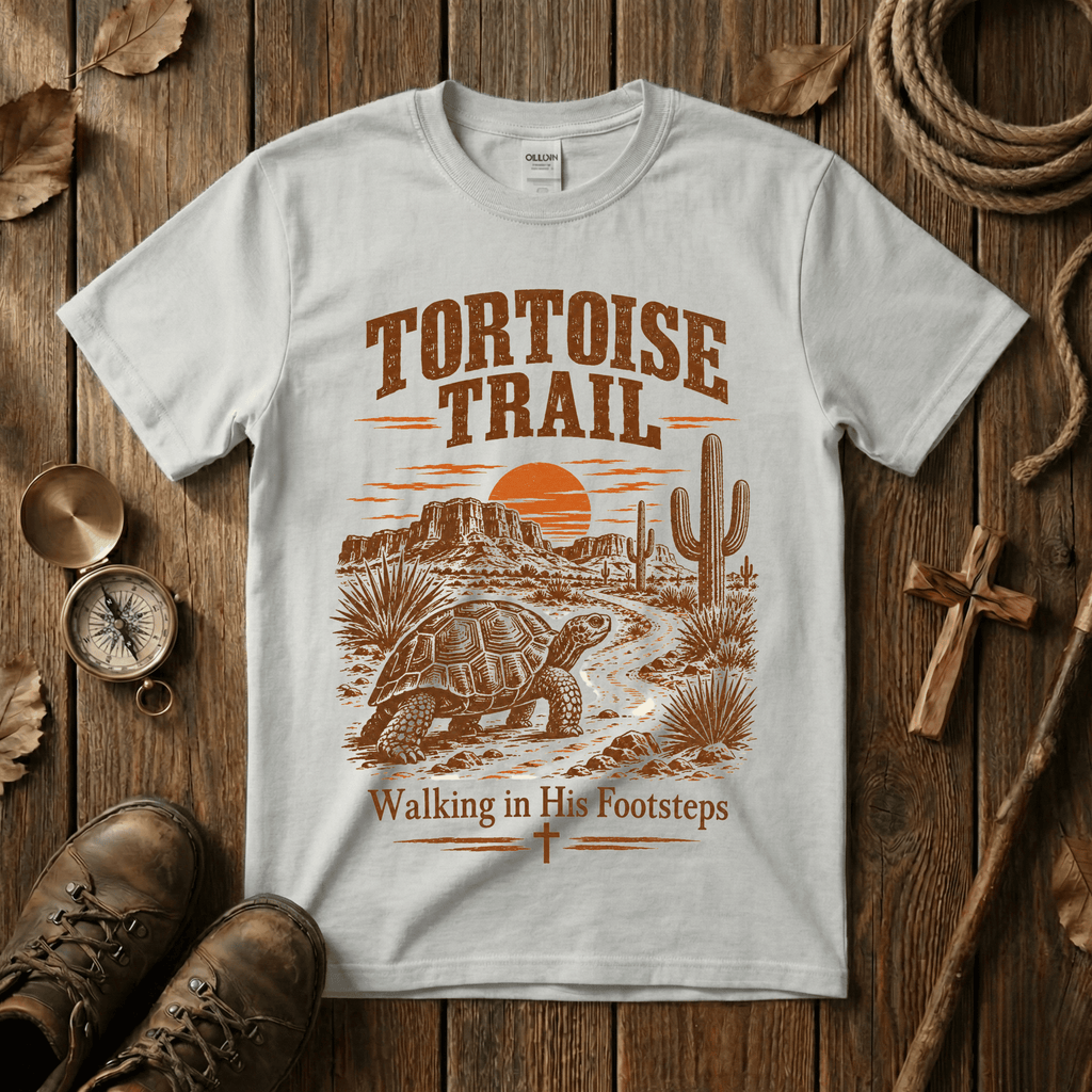 T-Shirt — Tortoise Trail Desert Sunset Graphic Tee ("Tortoise Trail" Text)