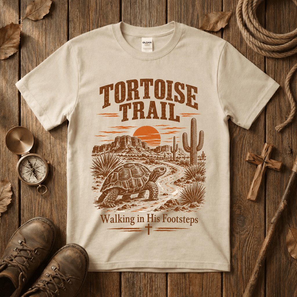 T-Shirt — Tortoise Trail Desert Sunset Graphic Tee ("Tortoise Trail" Text)